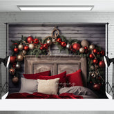 Lofaris Rustic Wood Headboard Photography Backdrop Christmas Garland with Red Ornaments Farmhouse Bedroom Photo Prop